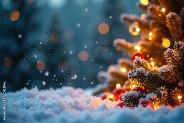 Fototapeta Christmas background with generous copyspace and holiday decorative elements