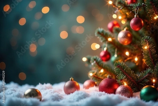 Fototapeta Christmas background with generous copyspace and holiday decorative elements