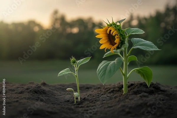Obraz Growth Stages of a Sunflower Plant Emerging from Soil