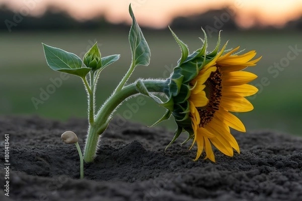 Obraz Sunflower Growth Cycle Emerging from Earth at Sunrise