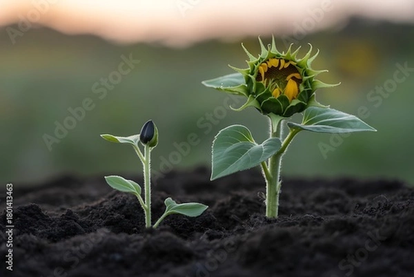 Obraz Sunflower sprout evolution progression and growth in darkness