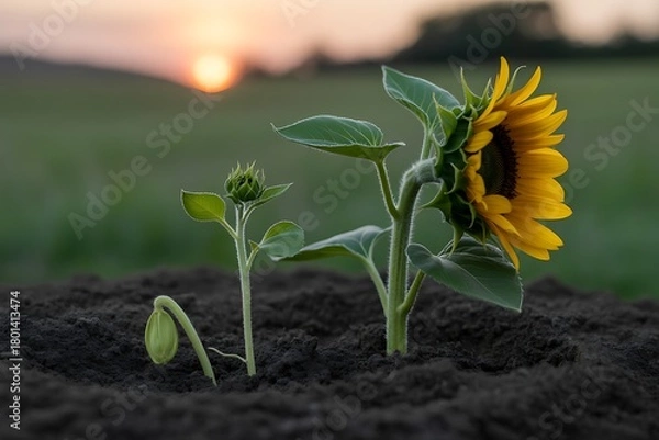 Obraz Sunflower Sprouts Emerge from Soil at Sunset