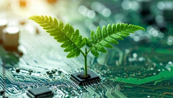 Fototapeta Green Technology - Plant Growing on Computer Chip, Sustainable Future.