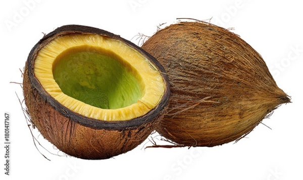 Fototapeta A whole and a halved coconut on a black background (1)