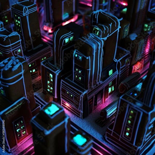 Obraz Gingerbread Cityscape with Glowing Windows and Neon Outlines Fantasy Scene