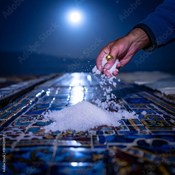 Obraz Hand Pouring Salt onto Decorated Surface under Moonlight Artistic Composition