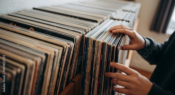 Fototapeta A person's hands carefully sift through a large collection of vintage vinyl records stacked tightly on a shelf, searching for a favorite album.