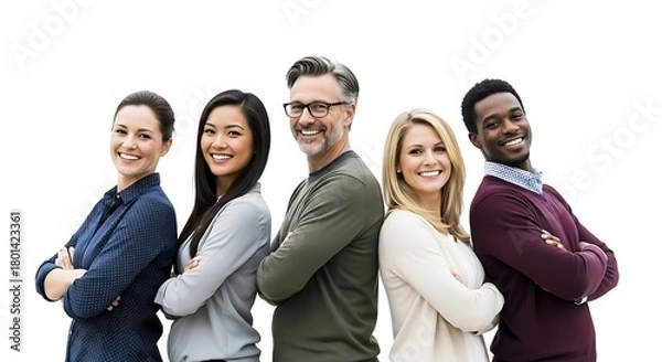Fototapeta Diverse, professional team standing together with crossed arms, smiling confidently against a white background, symbolizing unity and successful collaboration.