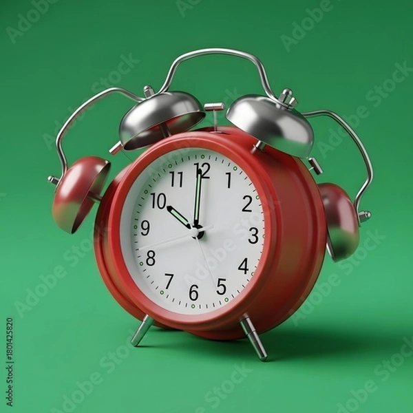Fototapeta A classic red alarm clock with twin bells and metal handle set against a vibrant green background, showcasing a retro design and precise time display