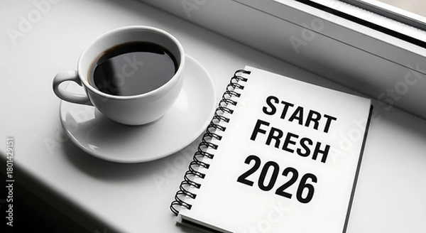 Obraz Minimalist workspace detail showing a notebook with a new year message (START FRESH 2026) and a hot drink on a clean windowsill.