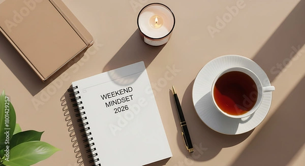Obraz Inspirational flat lay with a notebook, pen, and tea, emphasizing the importance of setting goals and achieving a healthy 'WEEKEND MINDSET' for the new year 2026.