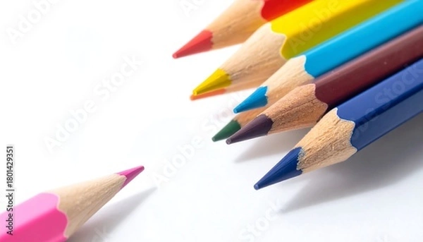 Fototapeta Colorful Pencils on White Background - A Study in Focus and Contrast.