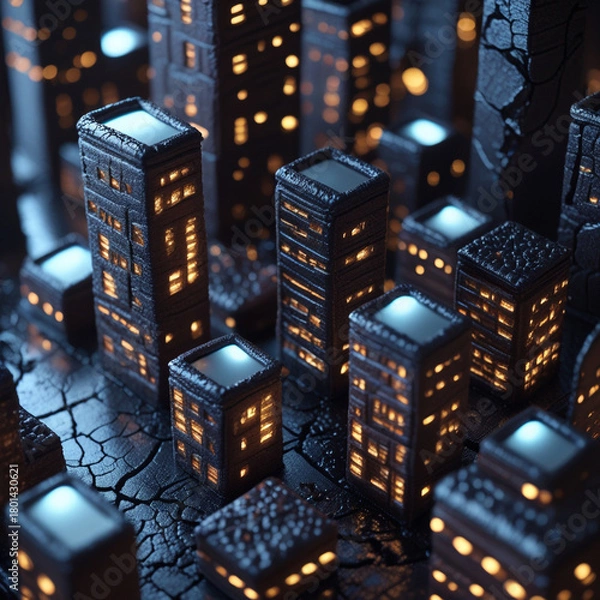 Obraz Miniature cityscape dark modern with glowing lights and cracked ground
