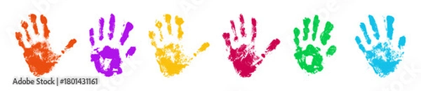 Fototapeta Colorful palm handprint marks with paint textures for creative projects or children activities. Vibrant finger impressions in bright rainbow colors. Identity and kids art design elements set.