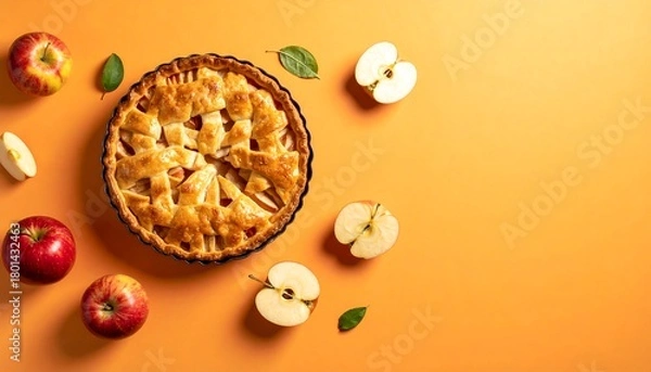 Fototapeta Delicious Apple Pie with Fresh Apples on Orange Background.