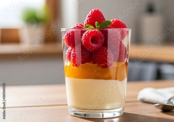 Obraz A layered glass dessert featuring creamy pudding, vibrant marmalade, and fresh raspberries, creating a colorful and tempting sweet treat.