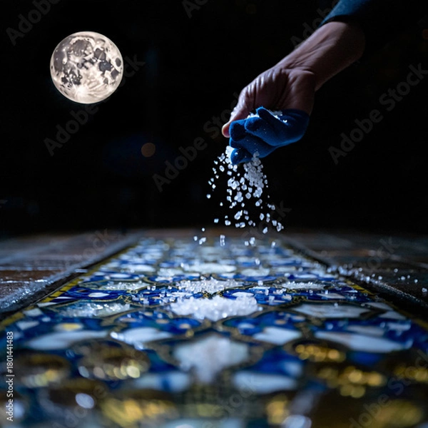 Obraz Mystical Moonlit Ritual Scattering Granules on Intricate Blue and Gold Patterned Surface