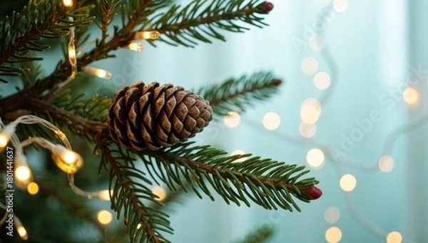 Fototapeta Christmas pine cone evergreen branch holiday bokeh