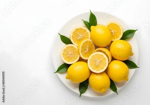 Fototapeta Freshly cut lemons and whole lemons arranged on a round plate, isolated on white background, perfect for healthy eating theme