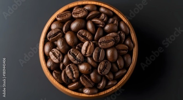 Fototapeta A close-up of freshly roasted coffee beans in a wooden bowl on black background, emphasizing texture and rich aromatic detail