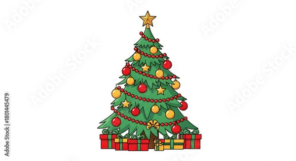 Fototapeta Flat design vector art of a fully decorated Christmas tree, using bright red, gold, and green solid colors. Clean white background. Perfect for a holiday greeting card