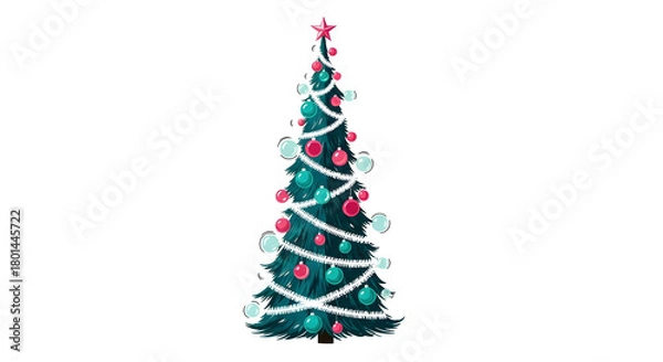 Fototapeta Retro 1950s style vector illustration of a tall, skinny Christmas tree decorated with bubble lights. Vibrant teal and pink color palette