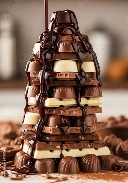 Fototapeta A decadent tower of chocolates drizzled with syrup, creating a rich, indulgent dessert perfect for chocolate lovers