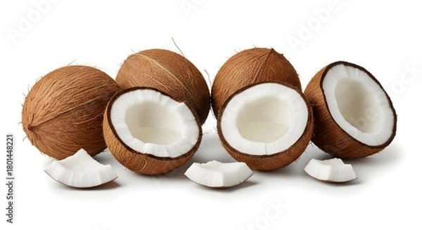 Obraz Fresh whole coconuts isolated on a clean white background, highlighting natural texture, tropical freshness, and healthy fruit appeal
