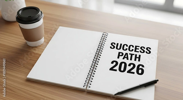 Obraz Strategic planning concept featuring a bright desktop, a pen, and an open planner titled "Success Path 2026" to inspire professional achievement and business growth.