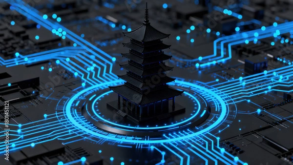 Fototapeta Culture-Tech Integration Pagoda on Circuit Board Device