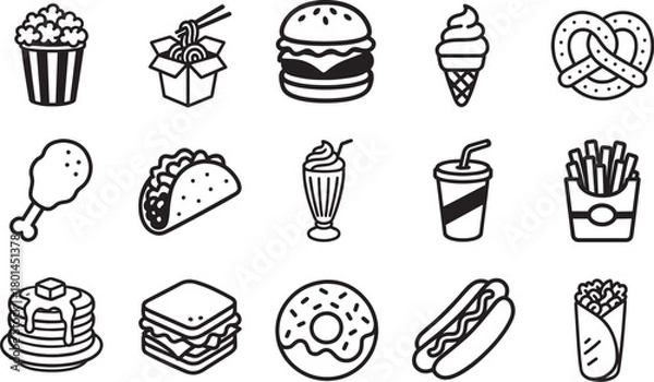 Fototapeta A mouthwatering array of fast food, depicted in a stylish minimalist line art, tantalizes the viewer with its diverse selection of comforting and convenient culinary treats.