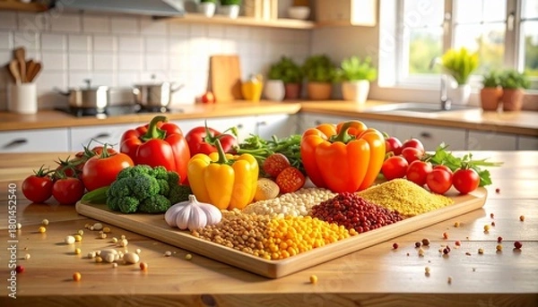 Fototapeta Vibrant assortment of fresh vegetables arranged on a wooden board in a kitchen setting
