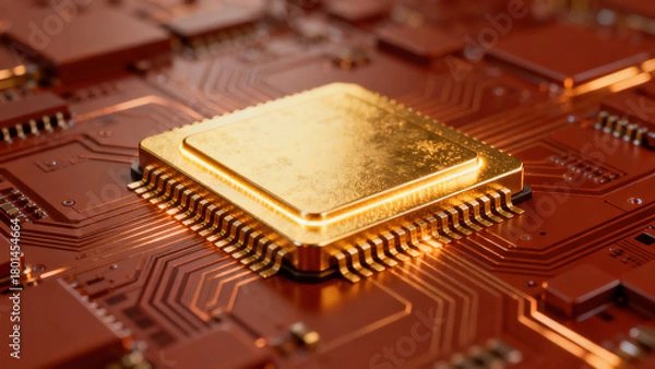 Fototapeta Golden Glowing Chip on Circuit Board High-Tech Device