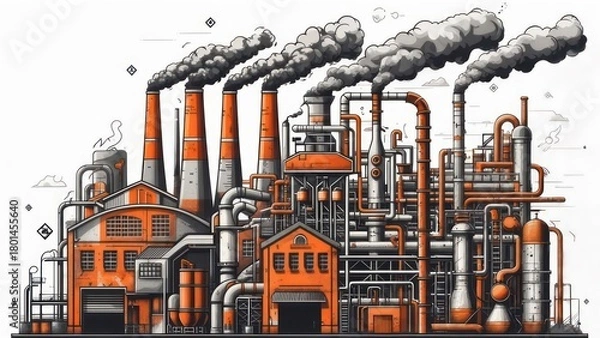 Obraz Illustration depicting a complex industrial facility with multiple smokestacks emitting pollution