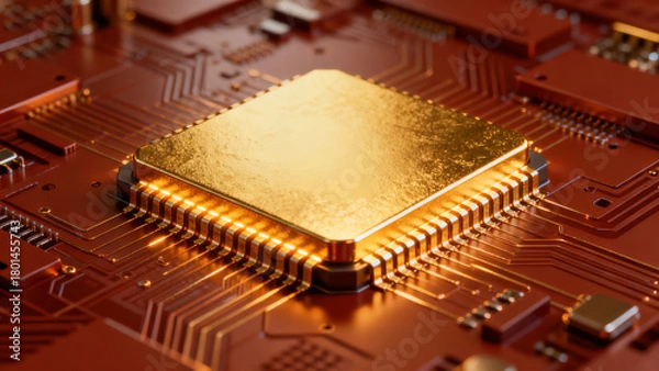 Fototapeta Golden Glowing Chip on Circuit Board High-Tech Device
