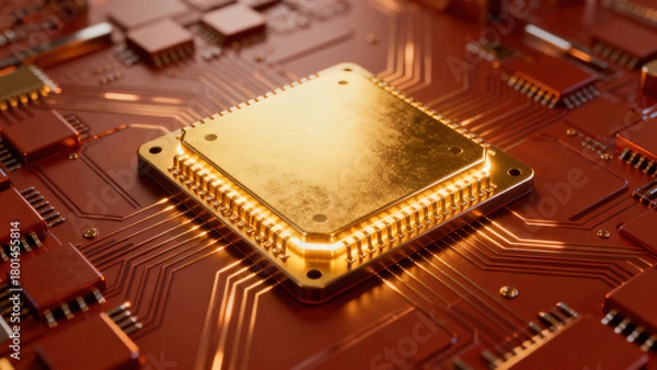Fototapeta Golden Glowing Chip on Circuit Board High-Tech Device