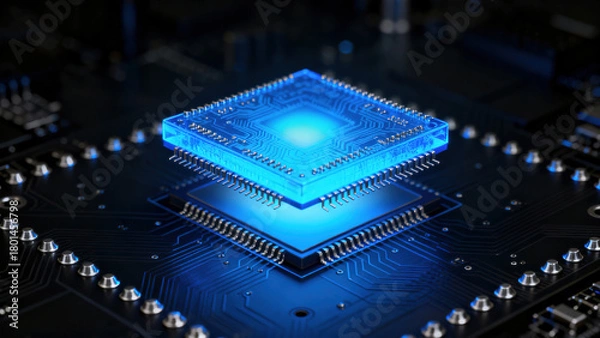 Fototapeta Blue Glowing Chip on Circuit Board Tech Device