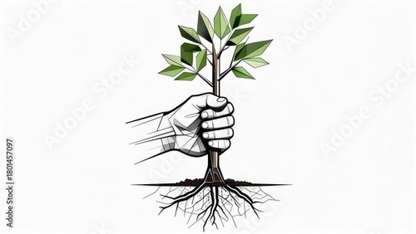 Obraz Hand firmly grasping a young tree with visible roots against a white background