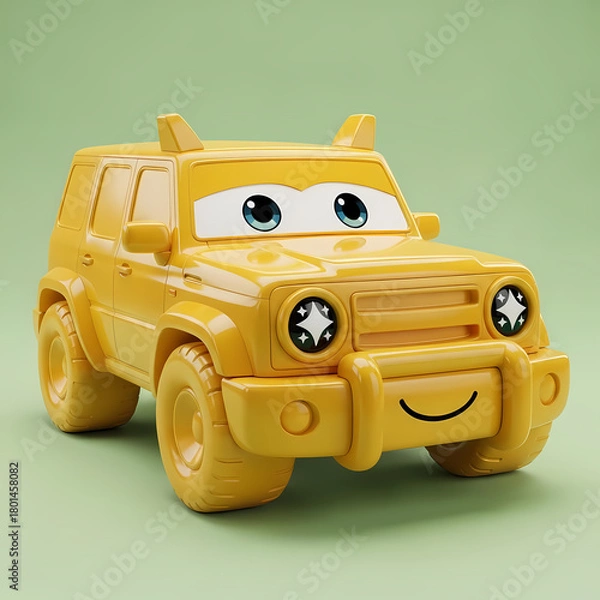 Fototapeta Joyful yellow toy SUV with big cartoon eyes and happy smile ready for adventure