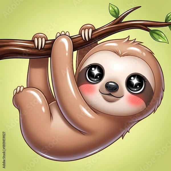 Fototapeta Sloth clinging to tree branch with sparkling eyes