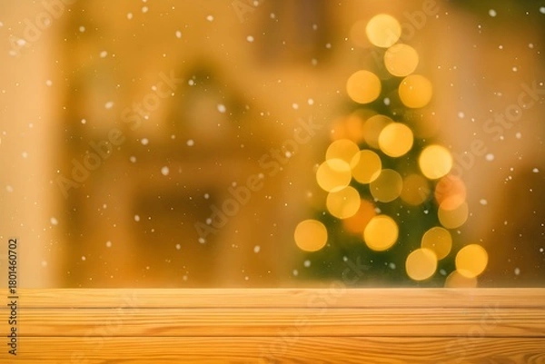 Fototapeta Empty Wooden Table Top with Warm Christmas Living Room Decor and Snowy Holiday Blur Background