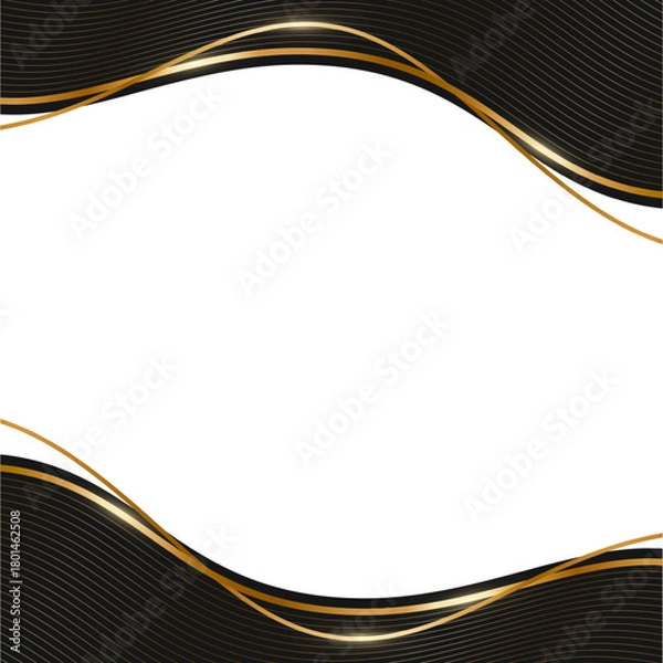 Obraz Black and gold wave frame background. Elegant wavy lines with metallic highlights curve around empty center for text placement. Luxury border template. Vector illustration.