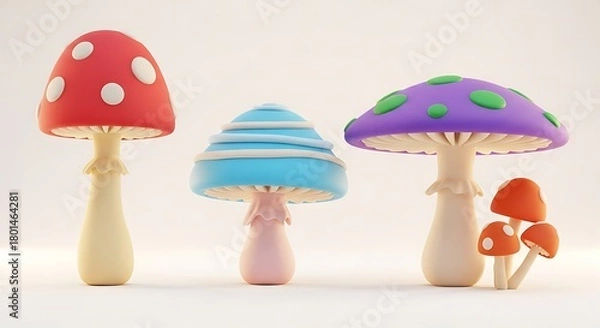 Fototapeta Colorful Cartoon Mushrooms - A Whimsical Fungi Collection.