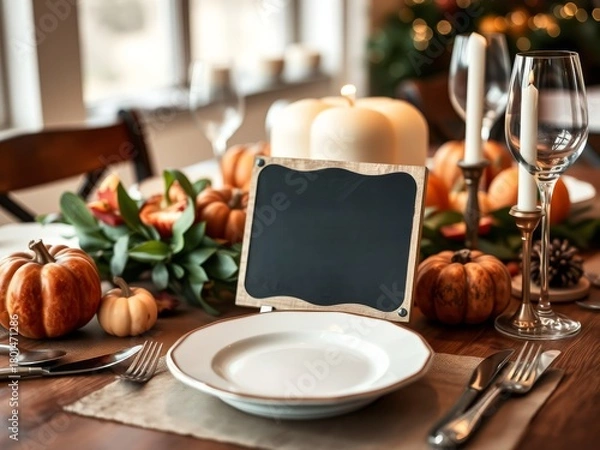 Fototapeta Thanksgiving table setting with pumpkins, candles, and a blank sign