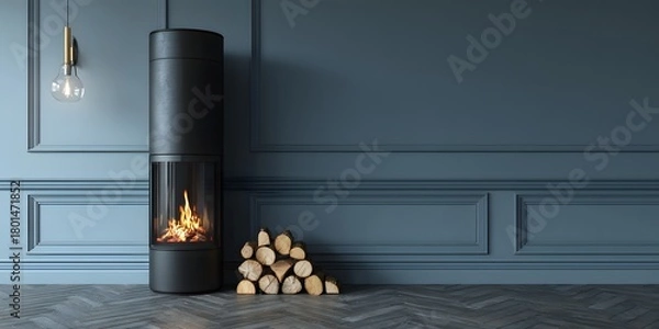 Obraz Fireplace And Firewood By Blue Wall