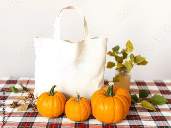 Obraz White canvas tote bag with pumpkins, fall leaves, plaid decor