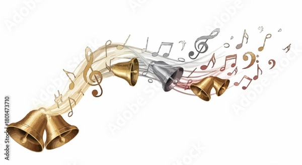 Fototapeta Dynamic illustration of golden and silver bells with flowing musical notes, creating a harmonious symphony of sound and joyful celebration
