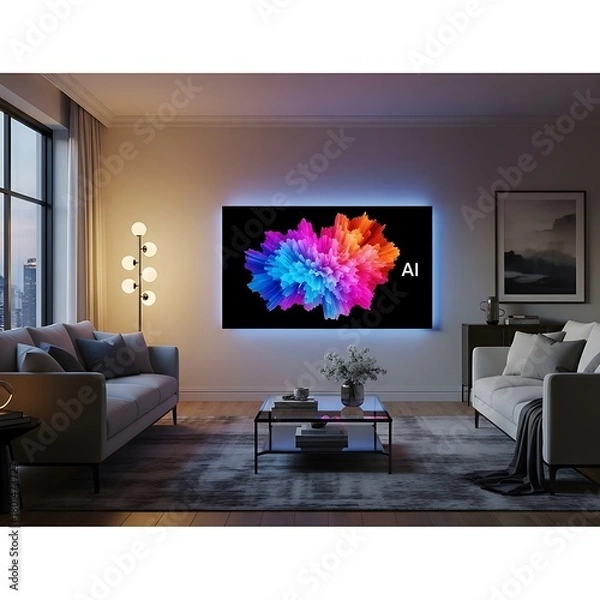 Fototapeta Modern Living Room with AI-Enhanced Television Display and Ambient Lighting.