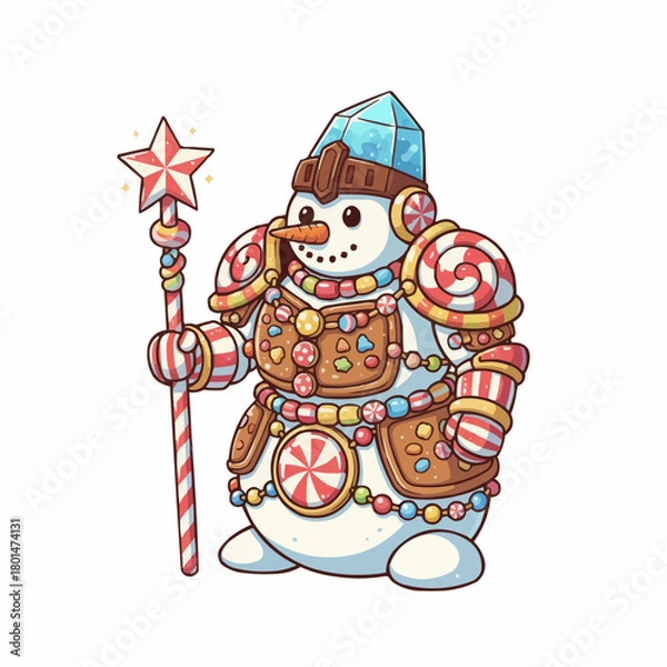 Fototapeta Enchanting winter snowman character adorned with vibrant candy armor and a mystical star-tipped staff, featuring an icy crystal helmet design
