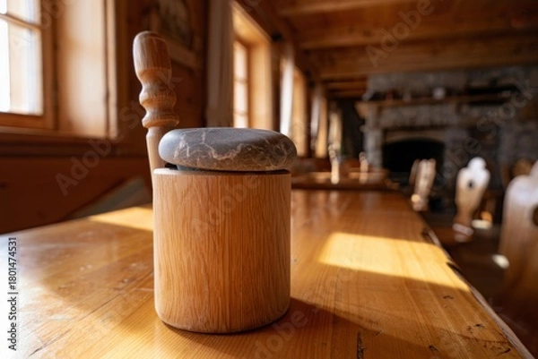 Fototapeta Vintage wooden butter churn with sunlight streaming through window